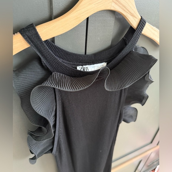 NWT • Zara Black Knitt Dress Ruffle Sleeve & Neck • M - Picture 1 of 4